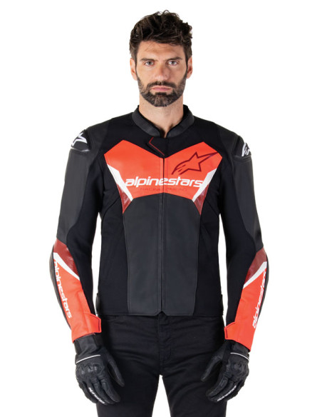 Blouson moto cuir racing Alpinestars Faster V3 Noir Rouge Fluo