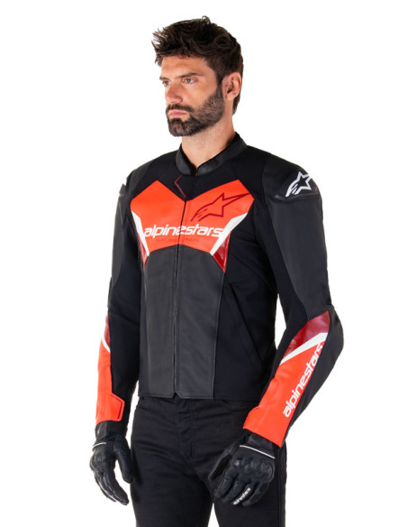 Blouson moto cuir racing Alpinestars Faster V3 Noir Rouge Fluo