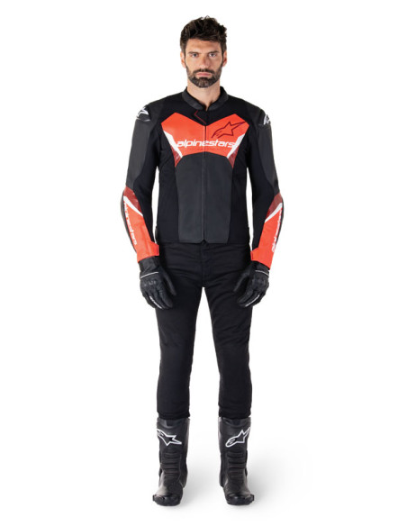 Blouson moto cuir racing Alpinestars Faster V3 Noir Rouge Fluo