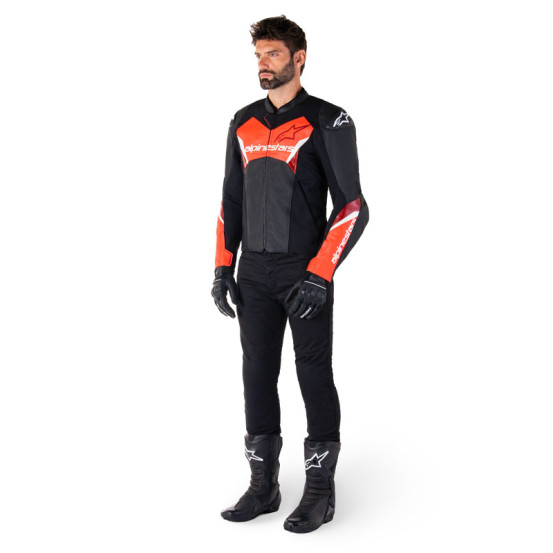 Blouson moto cuir racing Alpinestars Faster V3 Noir Rouge Fluo
