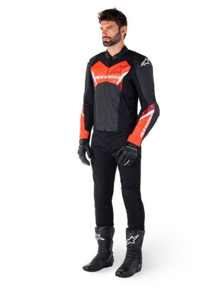 Blouson moto cuir racing Alpinestars Faster V3 Noir Rouge Fluo