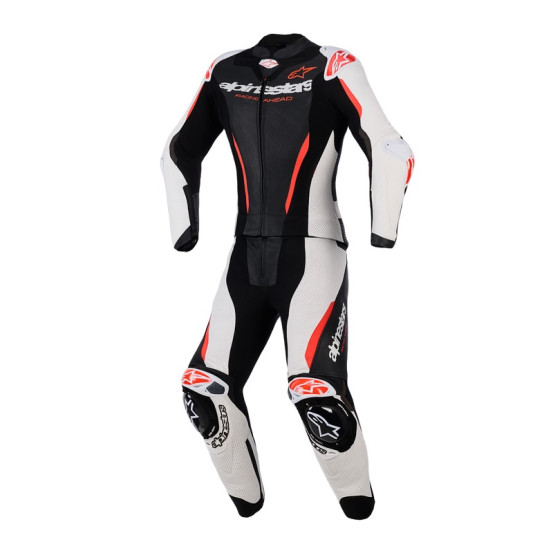 Combinaison moto 2 pièces cuir femme Alpinestars Stella GP-R7 - Noir Blanc Rouge Fluo