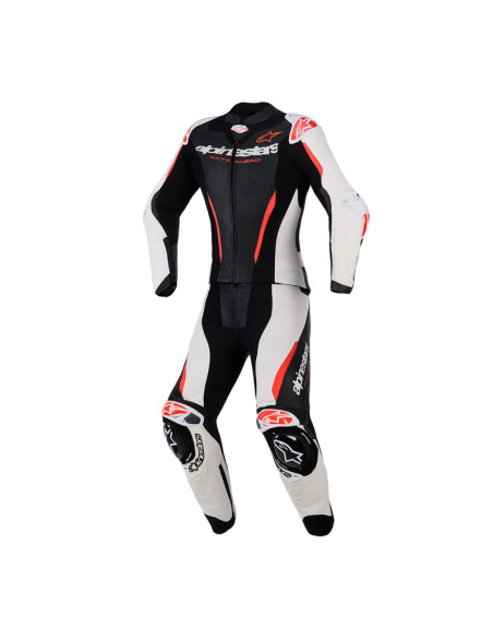 Combinaison moto 2 pièces cuir femme Alpinestars Stella GP-R7 - Noir Blanc Rouge Fluo