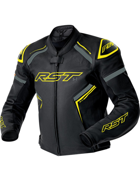 Blouson moto cuir RST S1 D3O - Noir Jaune fluo