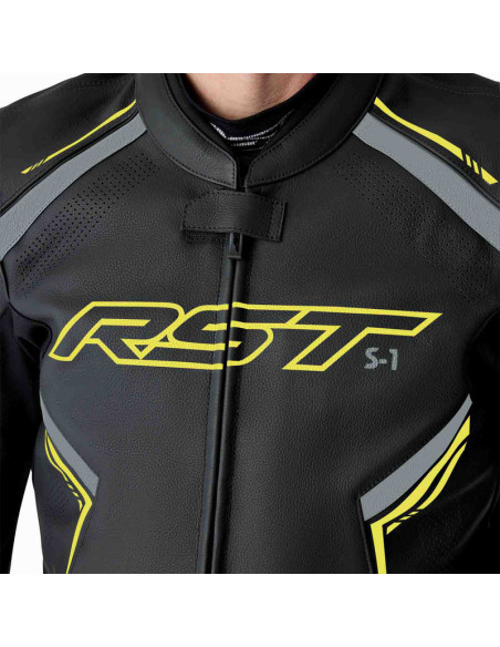 Blouson moto cuir RST S1 D3O - Noir Jaune fluo