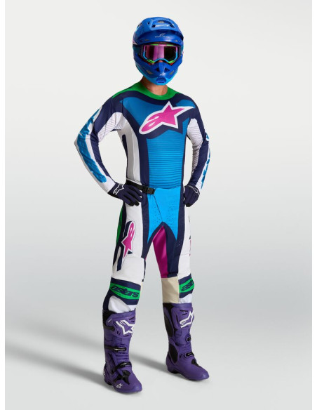 Tenue cross Alpinestars 2027 Techstar Maven - Blanc Bleu Vert Fluo