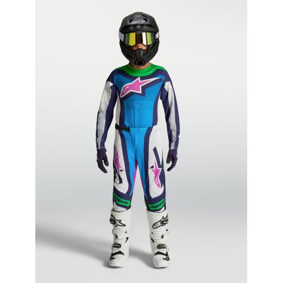 Tenue cross enfant Alpinestars 2027 Supertech Maven - Blanc Bleu Vert Fluo