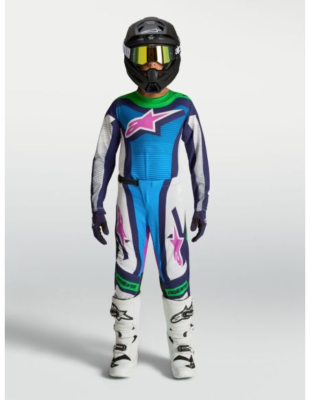 Tenue cross enfant Alpinestars 2027 Supertech Maven - Blanc Bleu Vert Fluo
