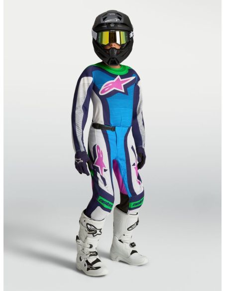 Tenue cross enfant Alpinestars 2027 Supertech Maven - Blanc Bleu Vert Fluo