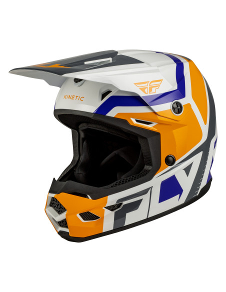 Casque cross enfant Fly 2027 Kinetic Scrap - Blanc Orange Bleu Gris