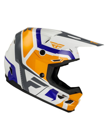 Casque cross enfant Fly 2027 Kinetic Scrap - Blanc Orange Bleu Gris