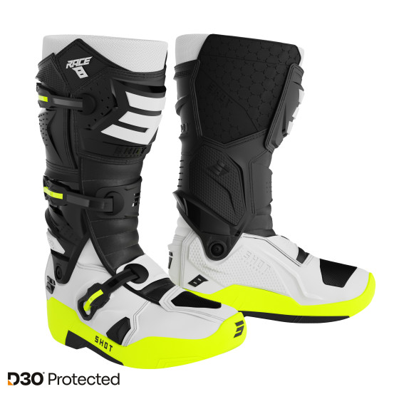 Bottes cross Shot 2027 Race 8 - Noir Blanc Jaune Fluo