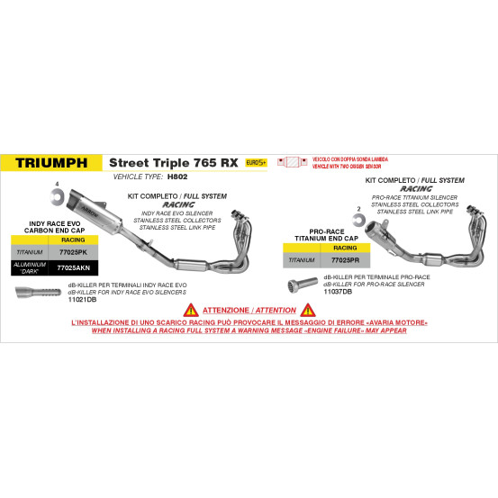 dB-Killer low sound pour silencieux ARROW Pro-Race - non homologué - MV AGUSTA / TRIUMPH / ZONTES