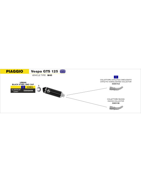 Collecteur catalytique pour pot ARROW Urban - homologué - PIAGGIO VESPA GTS 300IE - VESPA GTS 125IE 2008-2016