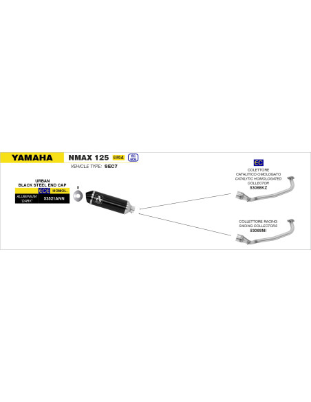 Collecteur catalytique pour pot ARROW Urban - homologué - YAMAHA NMAX 155 - NMAX 125 - TRICITY 125 2017-2020