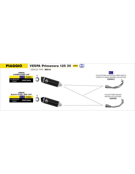 Collecteur racing pour pot ARROW Urban - non homologué - PIAGGIO VESPA PRIMAVERA 125 3V - VESPA SPRINT 125 3V 2021-2023