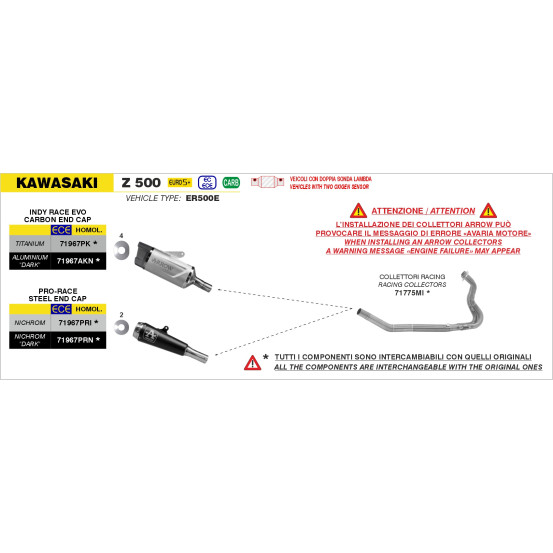Collecteurs racing ARROW - non homologué - KAWASAKI NINJA 400 - Z 400 2023 - Z 500 - NINJA 500 2024-2026