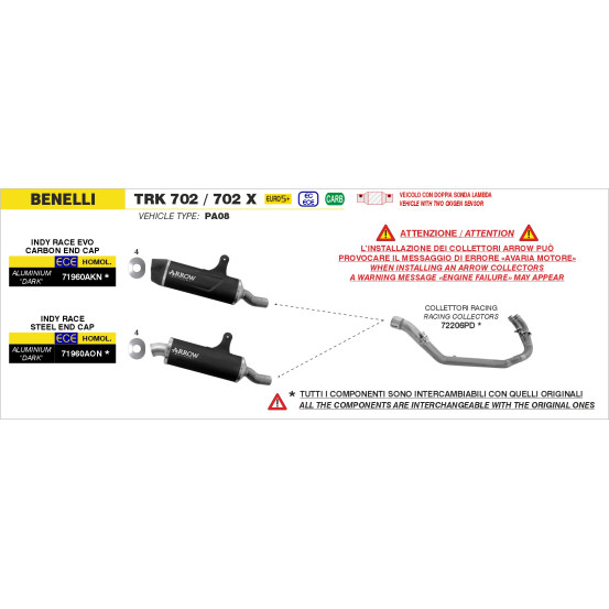 Collecteurs racing ARROW en inox - non homologué - BENELLI TRK 702 / 702X 2023-2026