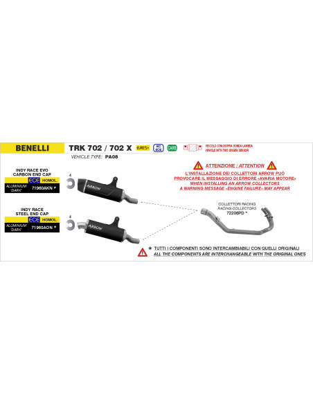 Collecteurs racing ARROW en inox - non homologué - BENELLI TRK 702 / 702X 2023-2026