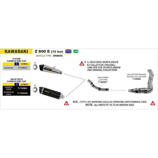 Raccord ARROW pour silencieux X-Kone et Race-Tech - KAWASAKI Z 800 E 2013-2016