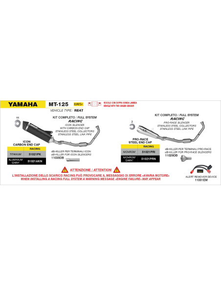 Ligne complète avec silencieux Icon ARROW - titane - embout carbone - non homologué - YAMAHA YZF-R 125 - MT 125 2025-2026