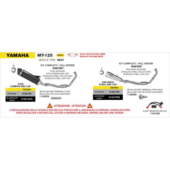 Ligne complète avec silencieux Pro-Race ARROW - nichrome - non homologué - YAMAHA YZF-R 125 - MT 125 2025-2026