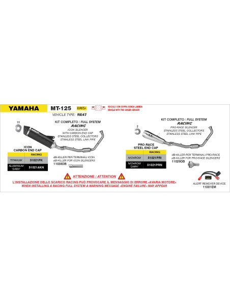 Ligne complète avec silencieux Pro-Race ARROW - nichrome - non homologué - YAMAHA YZF-R 125 - MT 125 2025-2026