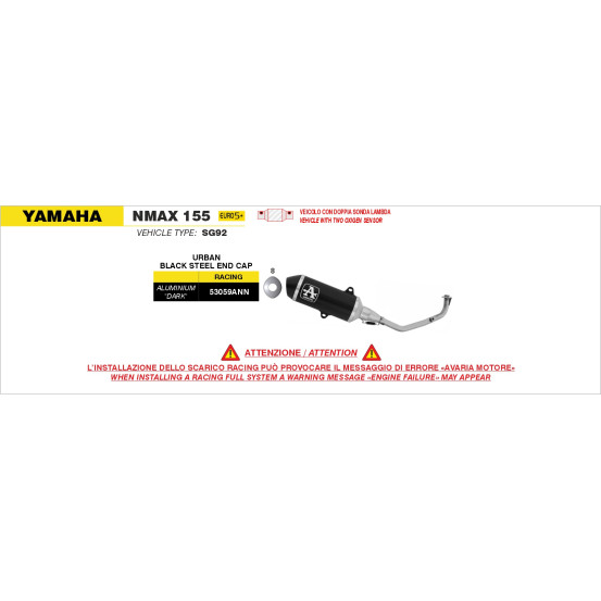 Ligne complète racing silencieux Urban ARROW - aluminium dark - embout inox dark - non homologué - YAMAHA NMAX 155 2025-2026
