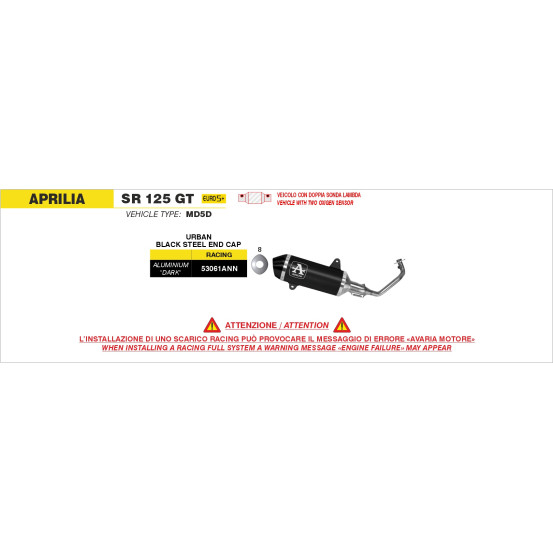 Ligne complète racing silencieux Urban ARROW - aluminium dark - embout inox dark - non homologué - APRILIA SR 125 GT 2025-2026