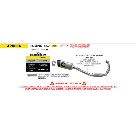 Ligne complète racing silencieux Pista ARROW - aluminium dark - embout carbone - non homologué - APRILIA TUONO 457 2025-2026