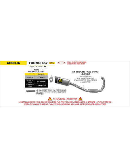 Ligne complète racing silencieux Pista ARROW - aluminium dark - embout carbone - non homologué - APRILIA TUONO 457 2025-2026