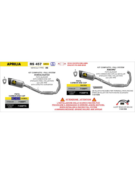 Ligne complète racing avec silencieux Pista ARROW - titane - embout carbone - non homologué - APRILIA