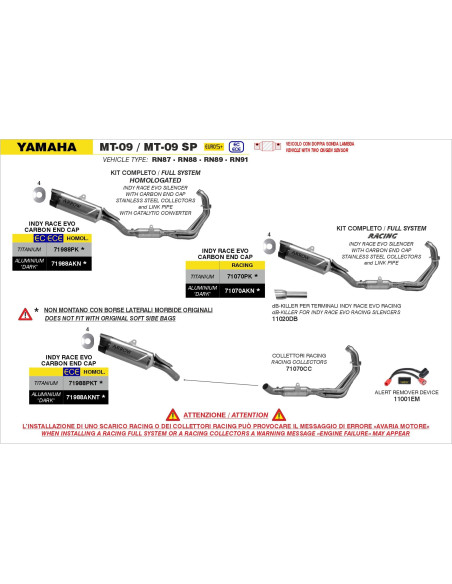Ligne complète racing avec silencieux Indy Race EVO ARROW - titane - embout carbone - non homologué - YAMAHA