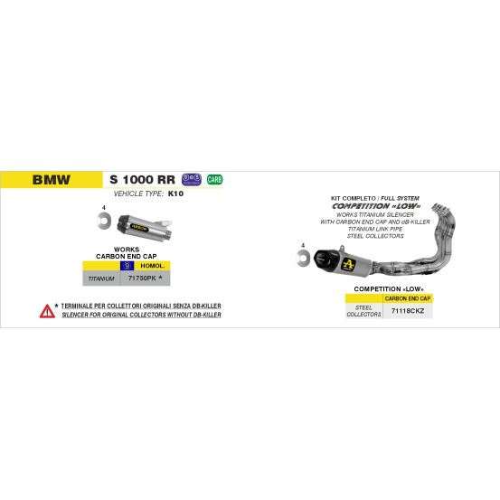Ligne complète ARROW COMPETITION - titane - embout carbone - non homologué - BMW S 1000 RR 2009-2014