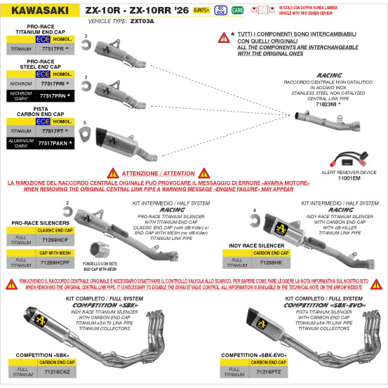 Ligne complète ARROW COMPETITION SBK EVO - titane - embout carbone - non homologué - KAWASAKI