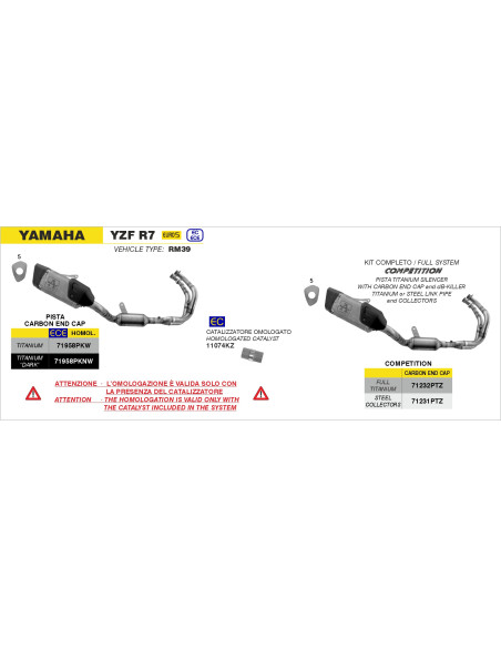Ligne complète ARROW COMPETITION - titane - embout carbone - non homologué - YAMAHA YZF R7 2021-2024
