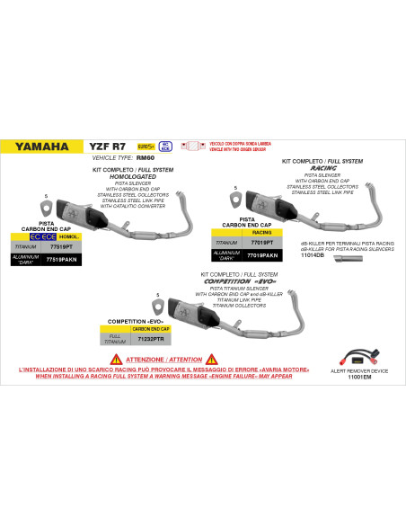 Ligne complète ARROW COMPETITION - titane - embout carbone - non homologué - YAMAHA YZF R7 2026