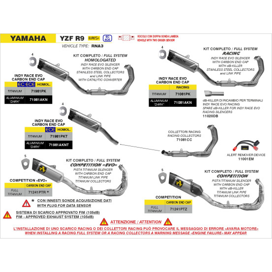 Ligne complète ARROW COMPETITION - titane - embout carbone - non homologué - YAMAHA YZF R9 2025-2026