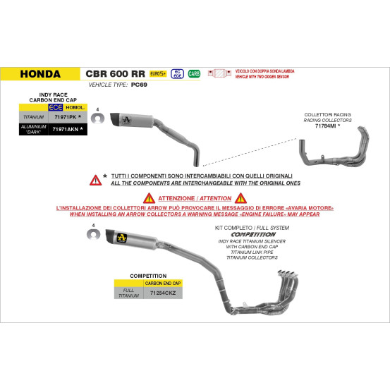 Ligne complète ARROW COMPETITION - titane - embout carbone - non homologué - HONDA CBR 600 RR 2024-2026