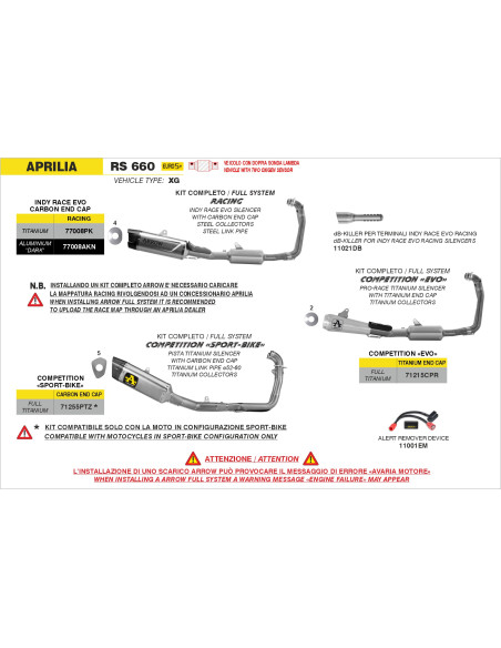 Ligne complète ARROW COMPETITION Sport-Bike - titane - embout carbone - non homologué - APRILIA RS 660 2025-2026