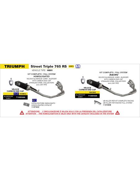 Ligne complète silencieux Veloce ARROW - aluminium dark - embout carbone - homologué - TRIUMPH STREET TRIPLE 765 RS 2023-2024
