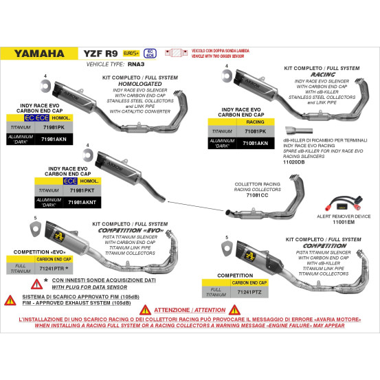 Ligne complète avec silencieux Indy Race EVO ARROW - titane - embout carbone - homologué - YAMAHA YZF R9 2025-2026
