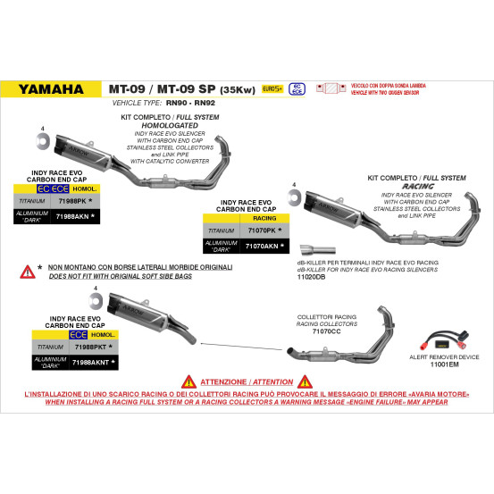 Ligne complète avec silencieux Indy Race EVO ARROW - aluminium dark - embout carbone - homologué - YAMAHA