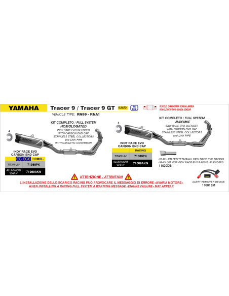 Ligne complète avec silencieux Indy Race EVO ARROW - aluminium dark - embout carbone - homologué - YAMAHA