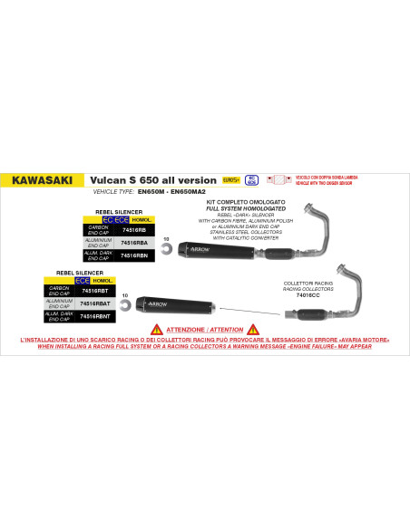 Ligne complète Rebel ARROW - inox dark - embout aluminium dark - homologué - KAWASAKI VULCAN S 650 2025-2026