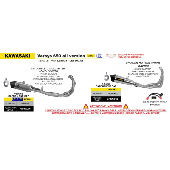 Ligne complète racing avec silencieux X-Kone ARROW - inox - embout carbone - non homologué - KAWASAKI VERSYS 650 2025-2026