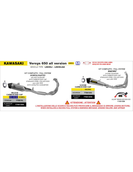 Ligne complète racing avec silencieux X-Kone ARROW - inox - embout carbone - non homologué - KAWASAKI VERSYS 650 2025-2026
