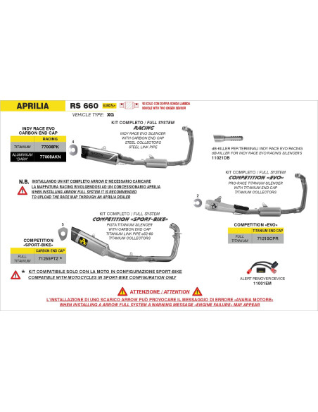 Ligne complète avec silencieux Indy Race EVO ARROW - aluminium dark - embout carbone - non homologué - APRILIA