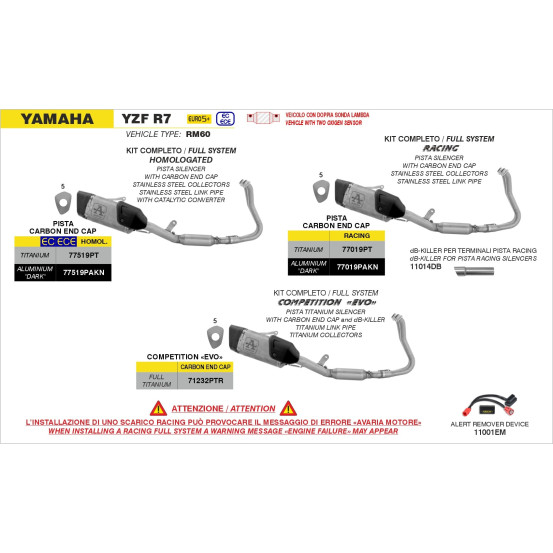 Ligne complète avec silencieux Pista ARROW - titane - embout carbone - homologué - YAMAHA YZF R7 2026