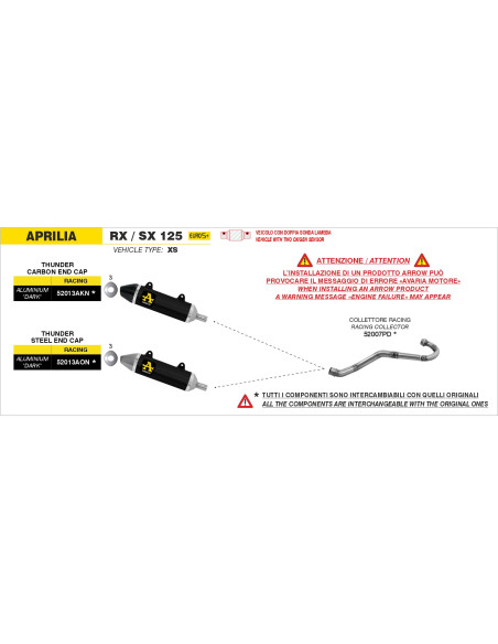 Silencieux Thunder ARROW - aluminium dark - embout carbone - non homologué - APRILIA RX / SX 125 2025-2026